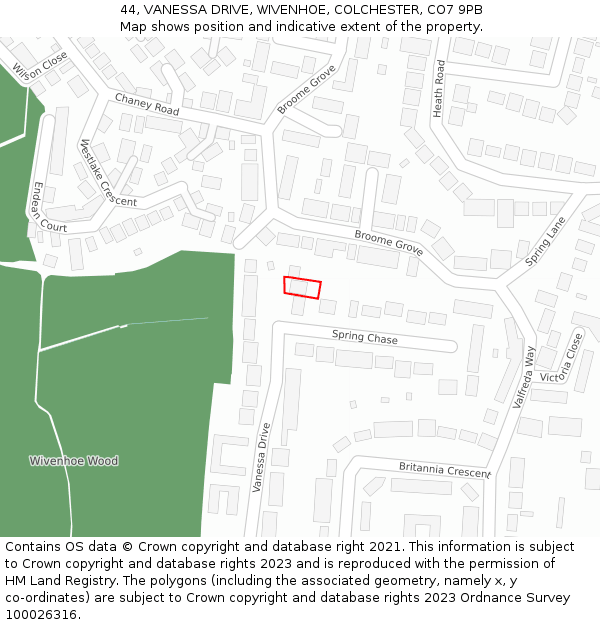 44, VANESSA DRIVE, WIVENHOE, COLCHESTER, CO7 9PB: Location map and indicative extent of plot