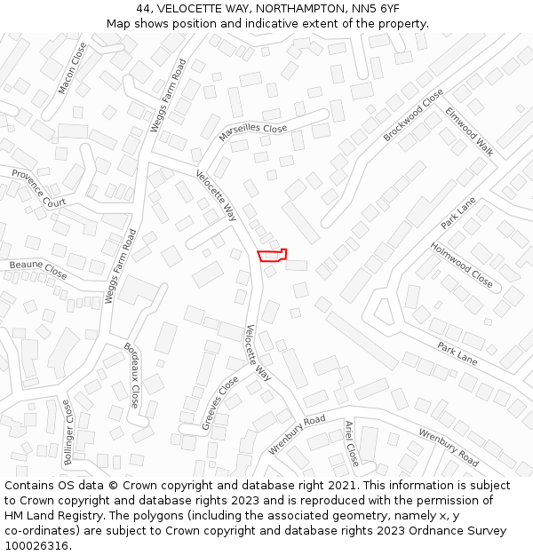 44, VELOCETTE WAY, NORTHAMPTON, NN5 6YF: Location map and indicative extent of plot