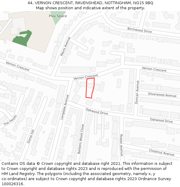 44, VERNON CRESCENT, RAVENSHEAD, NOTTINGHAM, NG15 9BQ: Location map and indicative extent of plot