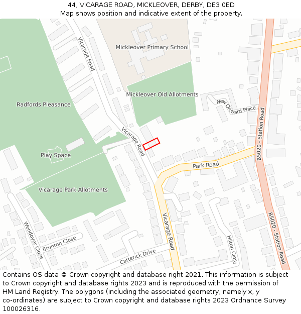 44, VICARAGE ROAD, MICKLEOVER, DERBY, DE3 0ED: Location map and indicative extent of plot