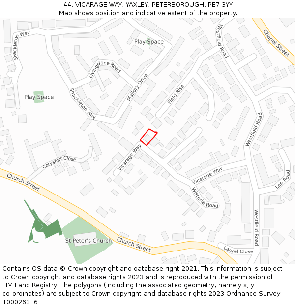 44, VICARAGE WAY, YAXLEY, PETERBOROUGH, PE7 3YY: Location map and indicative extent of plot