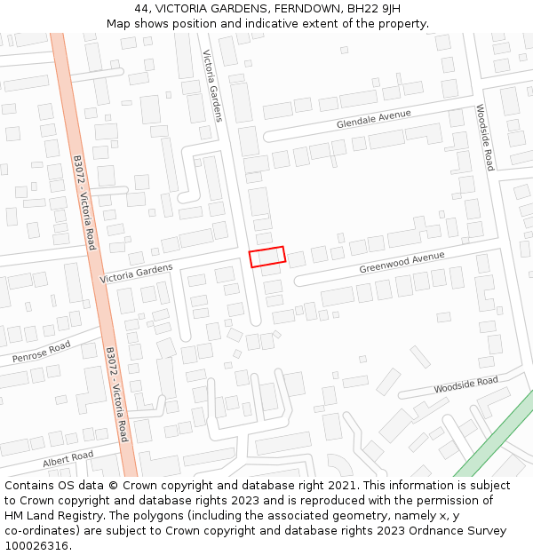 44, VICTORIA GARDENS, FERNDOWN, BH22 9JH: Location map and indicative extent of plot