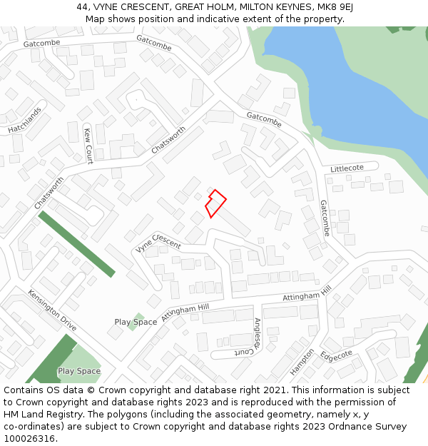 44, VYNE CRESCENT, GREAT HOLM, MILTON KEYNES, MK8 9EJ: Location map and indicative extent of plot