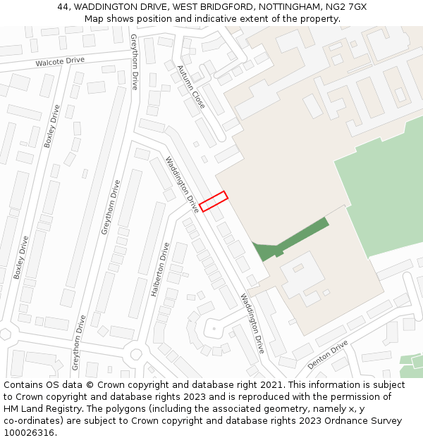 44, WADDINGTON DRIVE, WEST BRIDGFORD, NOTTINGHAM, NG2 7GX: Location map and indicative extent of plot