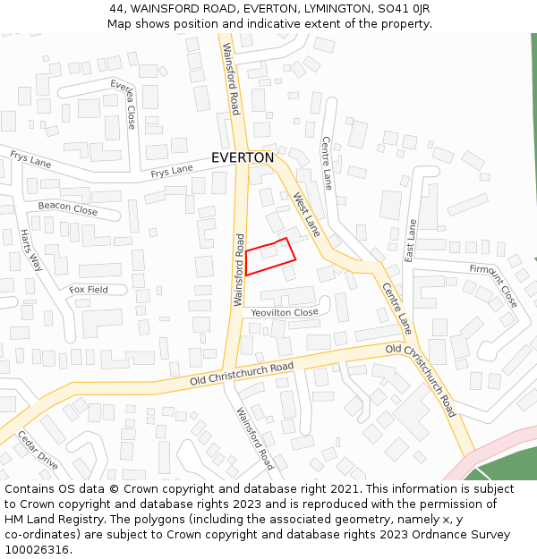 44, WAINSFORD ROAD, EVERTON, LYMINGTON, SO41 0JR: Location map and indicative extent of plot