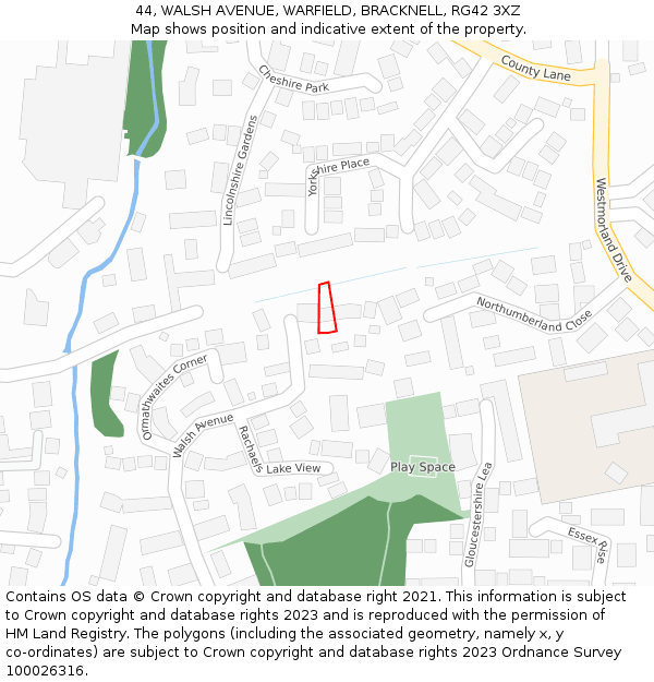 44, WALSH AVENUE, WARFIELD, BRACKNELL, RG42 3XZ: Location map and indicative extent of plot