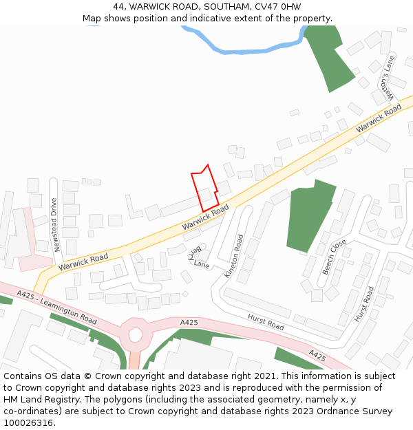 44, WARWICK ROAD, SOUTHAM, CV47 0HW: Location map and indicative extent of plot