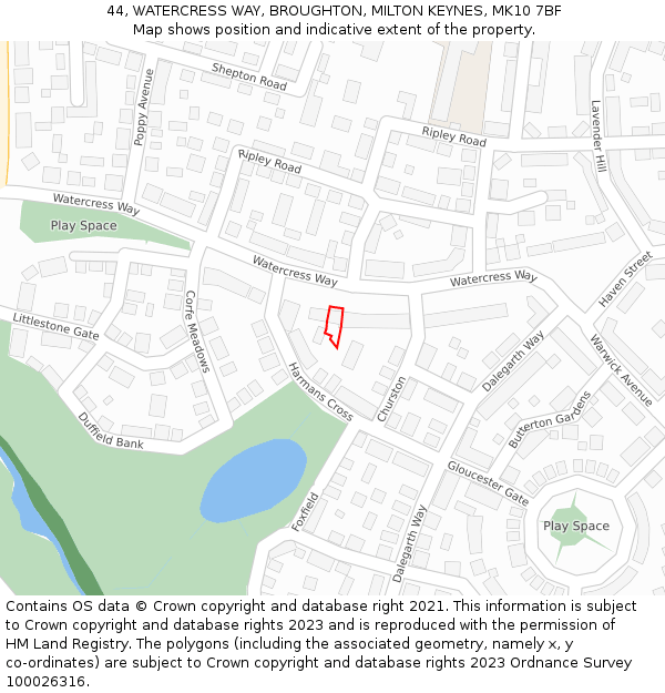 44, WATERCRESS WAY, BROUGHTON, MILTON KEYNES, MK10 7BF: Location map and indicative extent of plot