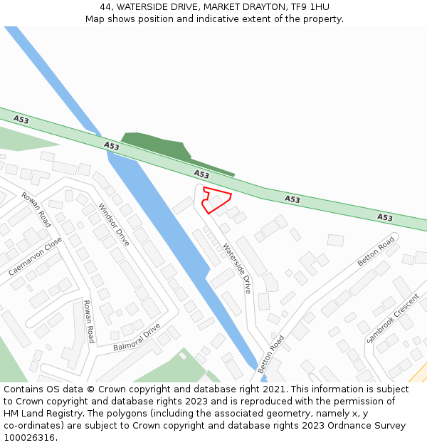 44, WATERSIDE DRIVE, MARKET DRAYTON, TF9 1HU: Location map and indicative extent of plot