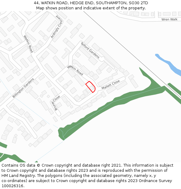 44, WATKIN ROAD, HEDGE END, SOUTHAMPTON, SO30 2TD: Location map and indicative extent of plot