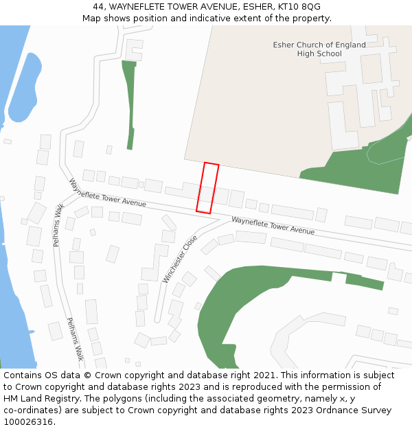 44, WAYNEFLETE TOWER AVENUE, ESHER, KT10 8QG: Location map and indicative extent of plot