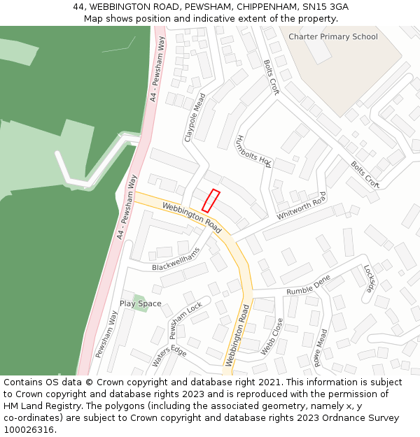 44, WEBBINGTON ROAD, PEWSHAM, CHIPPENHAM, SN15 3GA: Location map and indicative extent of plot