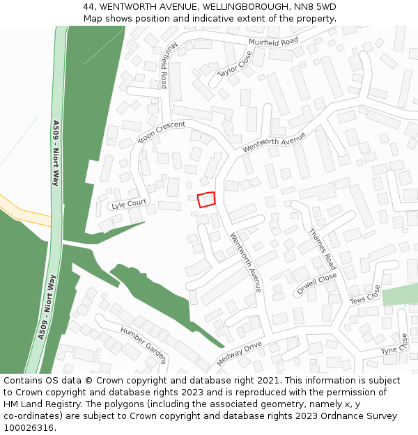 44, WENTWORTH AVENUE, WELLINGBOROUGH, NN8 5WD: Location map and indicative extent of plot