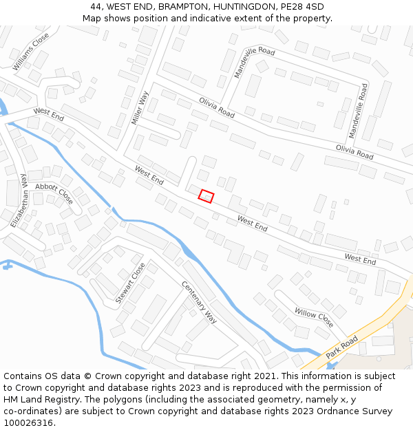 44, WEST END, BRAMPTON, HUNTINGDON, PE28 4SD: Location map and indicative extent of plot
