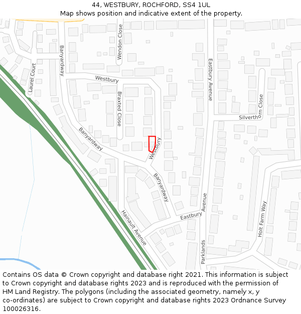 44, WESTBURY, ROCHFORD, SS4 1UL: Location map and indicative extent of plot