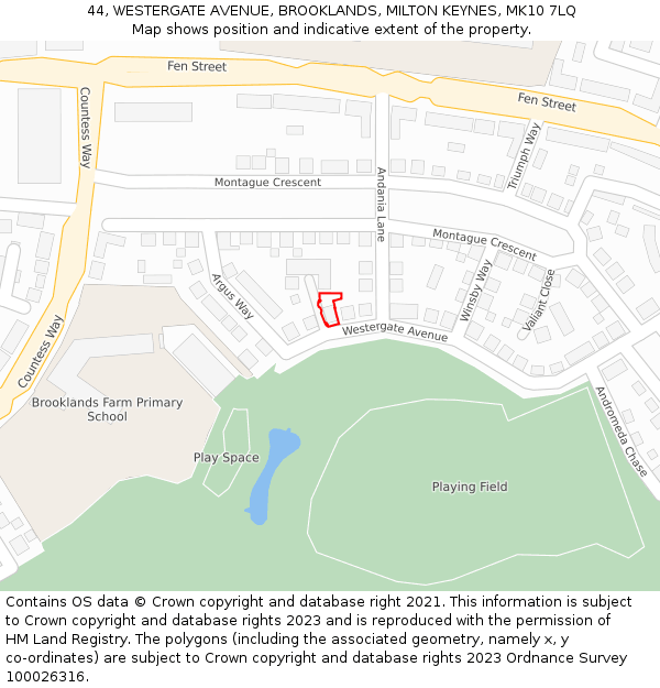 44, WESTERGATE AVENUE, BROOKLANDS, MILTON KEYNES, MK10 7LQ: Location map and indicative extent of plot