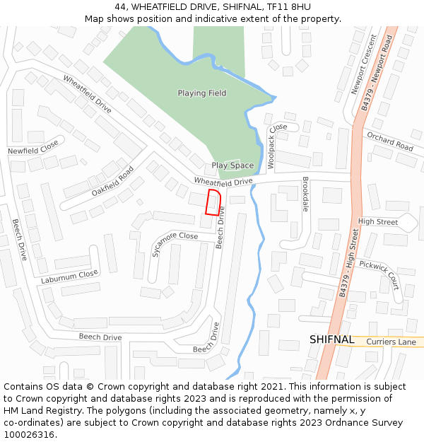 44, WHEATFIELD DRIVE, SHIFNAL, TF11 8HU: Location map and indicative extent of plot