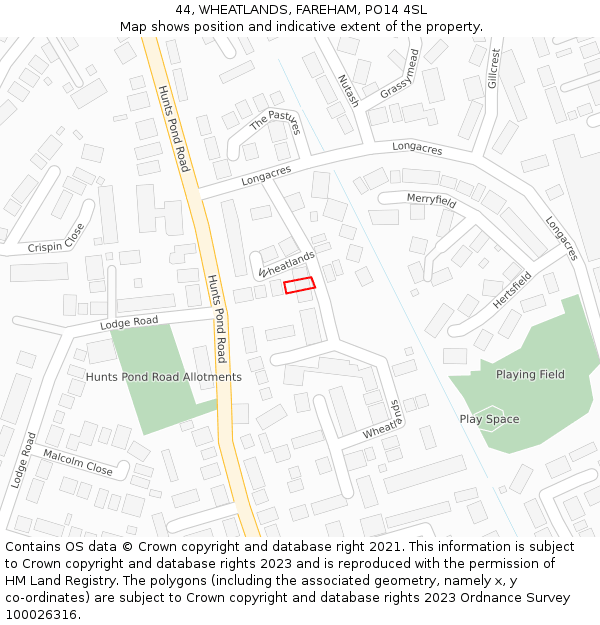 44, WHEATLANDS, FAREHAM, PO14 4SL: Location map and indicative extent of plot