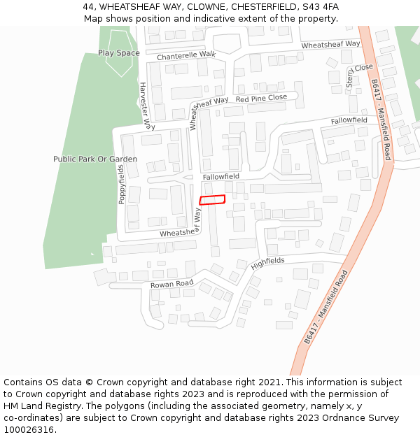 44, WHEATSHEAF WAY, CLOWNE, CHESTERFIELD, S43 4FA: Location map and indicative extent of plot