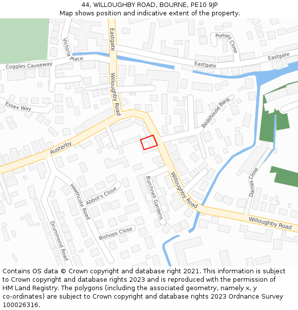 44, WILLOUGHBY ROAD, BOURNE, PE10 9JP: Location map and indicative extent of plot