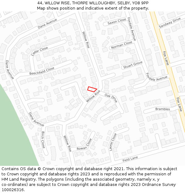 44, WILLOW RISE, THORPE WILLOUGHBY, SELBY, YO8 9PP: Location map and indicative extent of plot