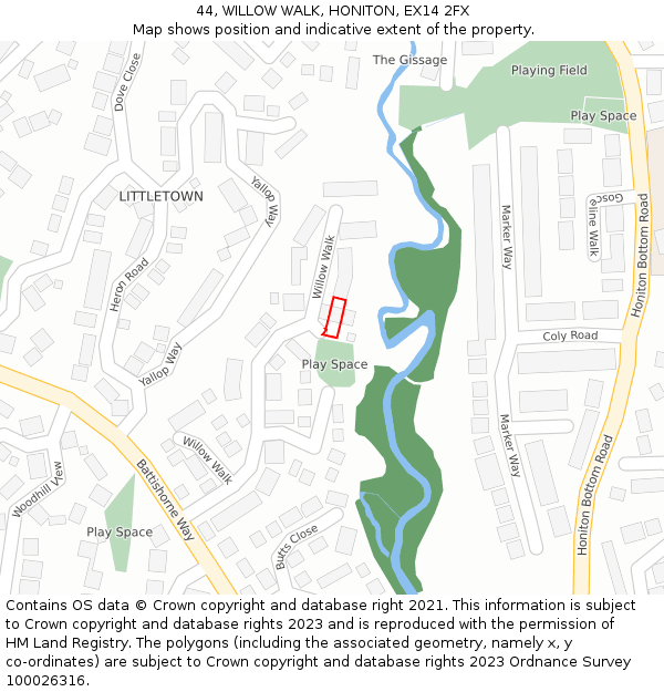 44, WILLOW WALK, HONITON, EX14 2FX: Location map and indicative extent of plot