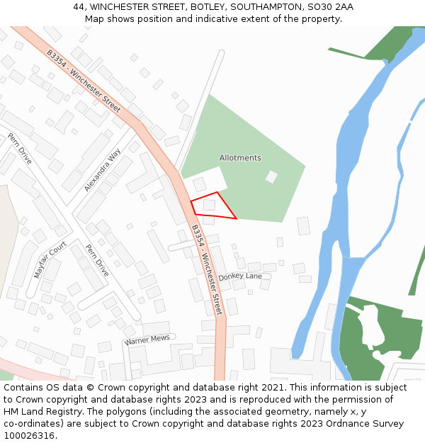 44, WINCHESTER STREET, BOTLEY, SOUTHAMPTON, SO30 2AA: Location map and indicative extent of plot