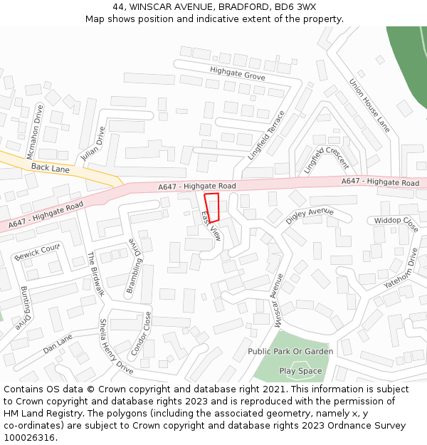 44, WINSCAR AVENUE, BRADFORD, BD6 3WX: Location map and indicative extent of plot