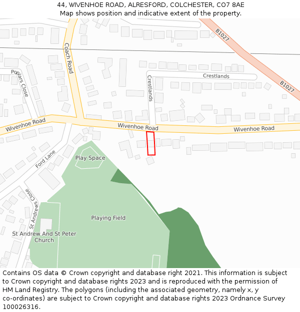 44, WIVENHOE ROAD, ALRESFORD, COLCHESTER, CO7 8AE: Location map and indicative extent of plot