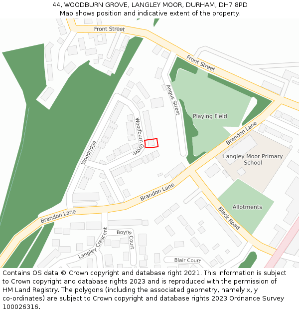 44, WOODBURN GROVE, LANGLEY MOOR, DURHAM, DH7 8PD: Location map and indicative extent of plot