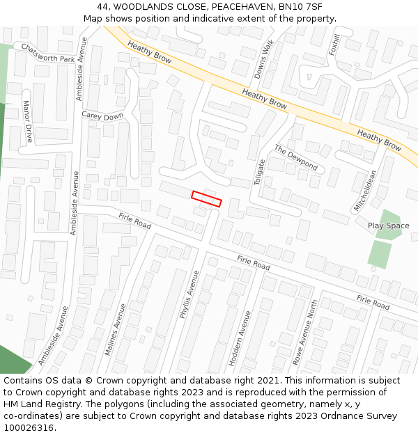 44, WOODLANDS CLOSE, PEACEHAVEN, BN10 7SF: Location map and indicative extent of plot