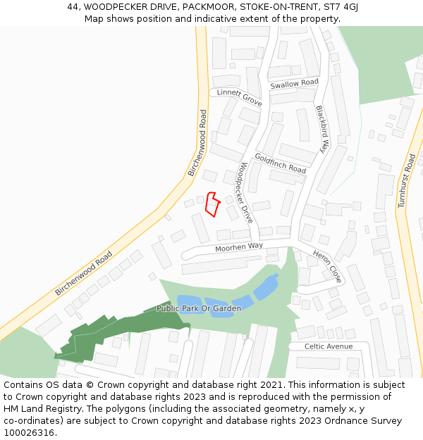 44, WOODPECKER DRIVE, PACKMOOR, STOKE-ON-TRENT, ST7 4GJ: Location map and indicative extent of plot