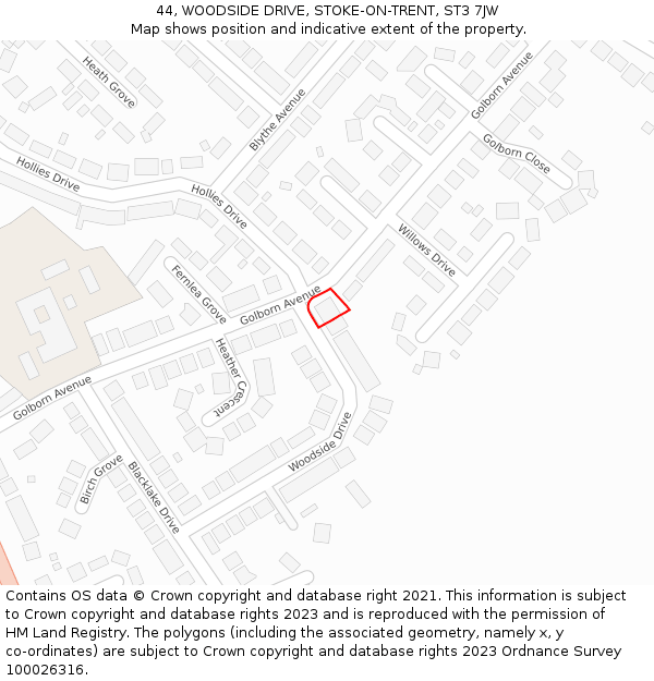 44, WOODSIDE DRIVE, STOKE-ON-TRENT, ST3 7JW: Location map and indicative extent of plot