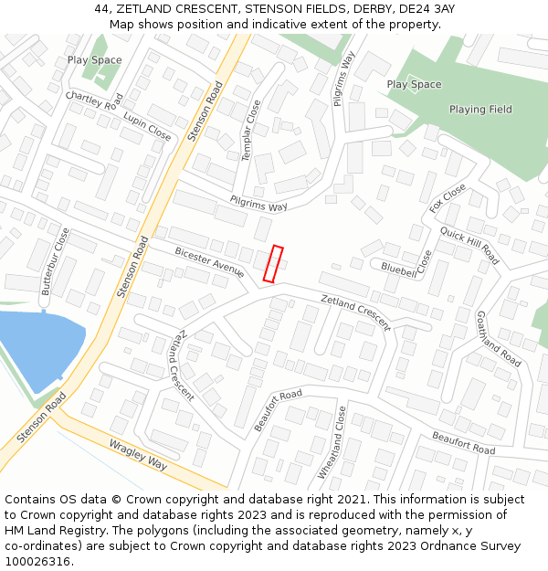 44, ZETLAND CRESCENT, STENSON FIELDS, DERBY, DE24 3AY: Location map and indicative extent of plot