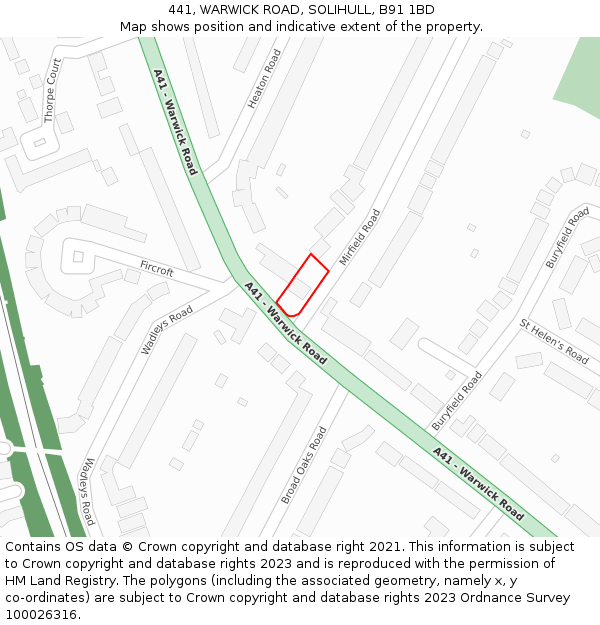 441, WARWICK ROAD, SOLIHULL, B91 1BD: Location map and indicative extent of plot