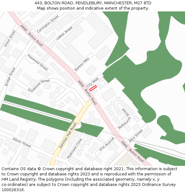 443, BOLTON ROAD, PENDLEBURY, MANCHESTER, M27 8TD: Location map and indicative extent of plot