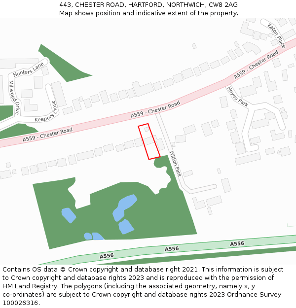 443, CHESTER ROAD, HARTFORD, NORTHWICH, CW8 2AG: Location map and indicative extent of plot