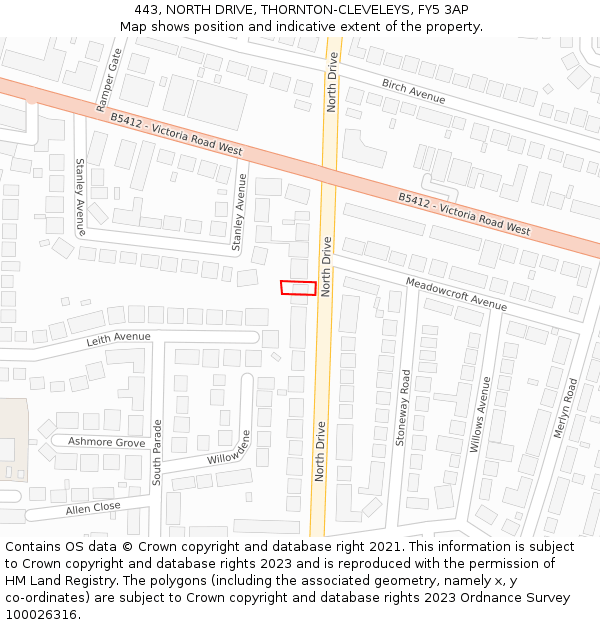 443, NORTH DRIVE, THORNTON-CLEVELEYS, FY5 3AP: Location map and indicative extent of plot