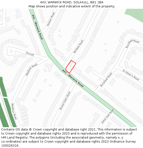 443, WARWICK ROAD, SOLIHULL, B91 1BA: Location map and indicative extent of plot