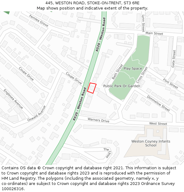 445, WESTON ROAD, STOKE-ON-TRENT, ST3 6RE: Location map and indicative extent of plot