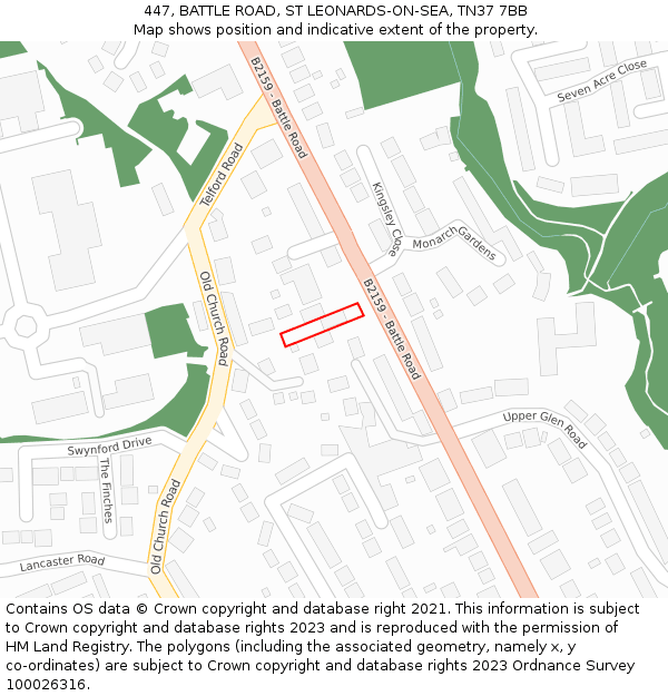 447, BATTLE ROAD, ST LEONARDS-ON-SEA, TN37 7BB: Location map and indicative extent of plot