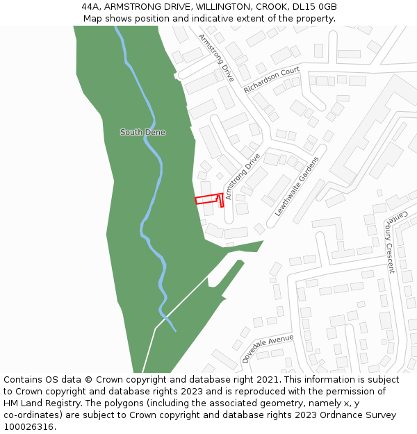 44A, ARMSTRONG DRIVE, WILLINGTON, CROOK, DL15 0GB: Location map and indicative extent of plot