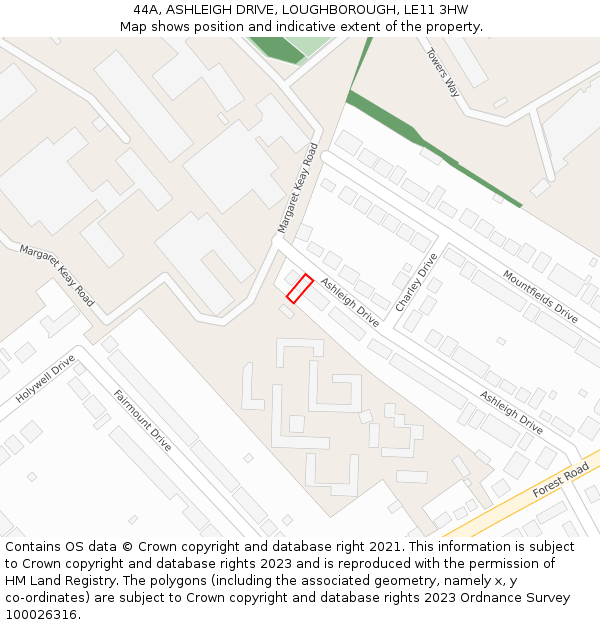 44A, ASHLEIGH DRIVE, LOUGHBOROUGH, LE11 3HW: Location map and indicative extent of plot