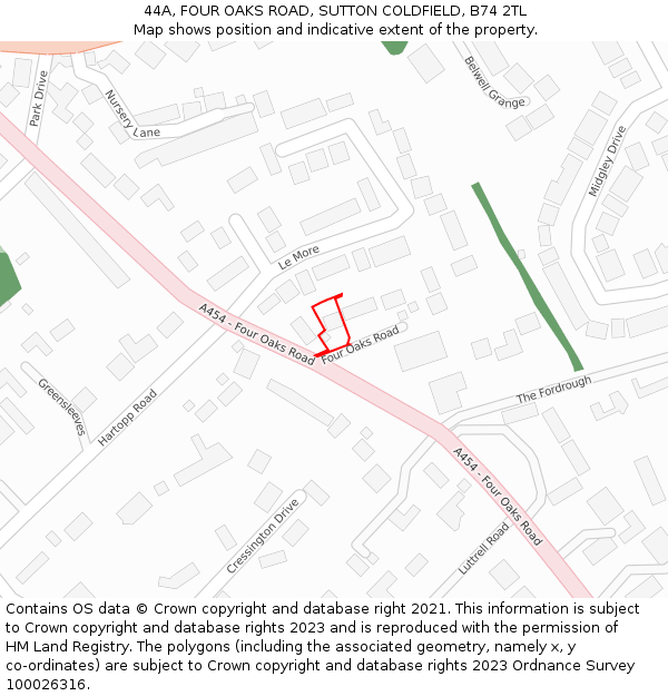 44A, FOUR OAKS ROAD, SUTTON COLDFIELD, B74 2TL: Location map and indicative extent of plot