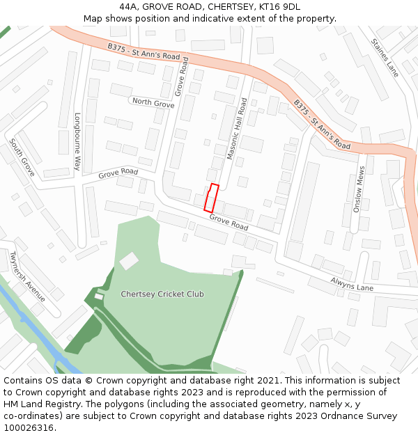 44A, GROVE ROAD, CHERTSEY, KT16 9DL: Location map and indicative extent of plot