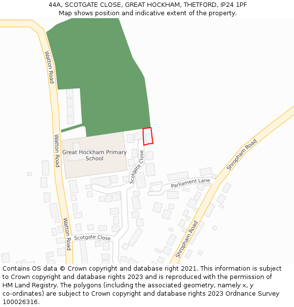 44A, SCOTGATE CLOSE, GREAT HOCKHAM, THETFORD, IP24 1PF: Location map and indicative extent of plot