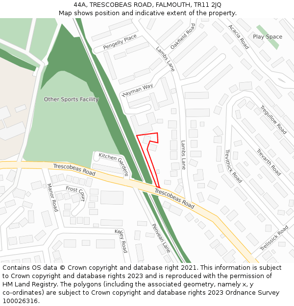 44A, TRESCOBEAS ROAD, FALMOUTH, TR11 2JQ: Location map and indicative extent of plot