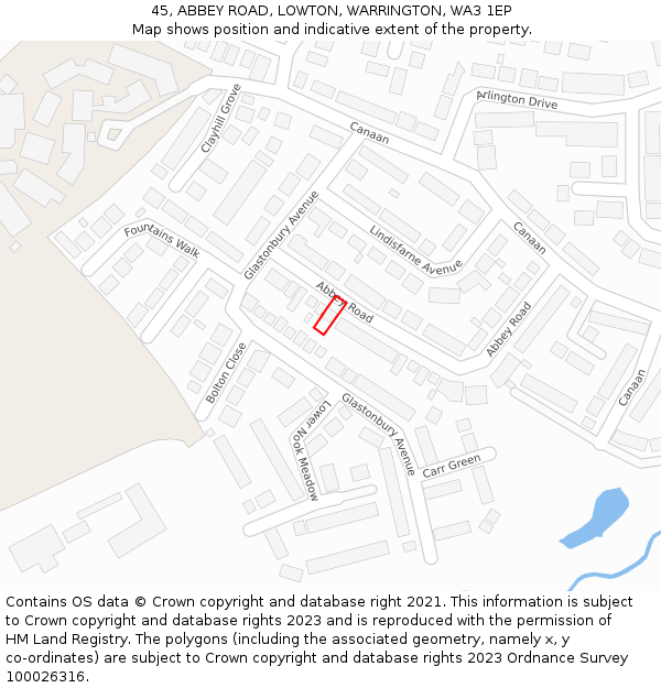 45, ABBEY ROAD, LOWTON, WARRINGTON, WA3 1EP: Location map and indicative extent of plot