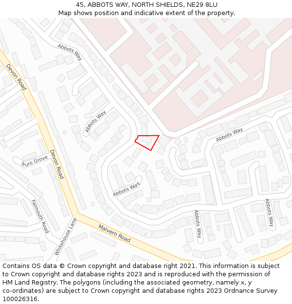 45, ABBOTS WAY, NORTH SHIELDS, NE29 8LU: Location map and indicative extent of plot