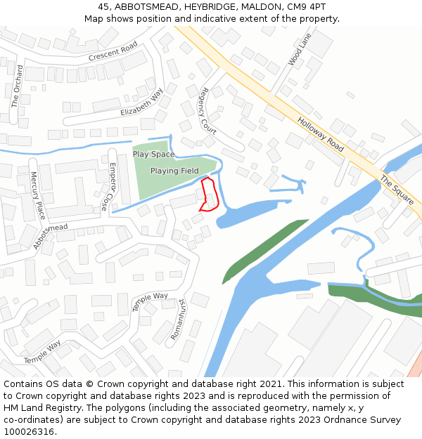 45, ABBOTSMEAD, HEYBRIDGE, MALDON, CM9 4PT: Location map and indicative extent of plot
